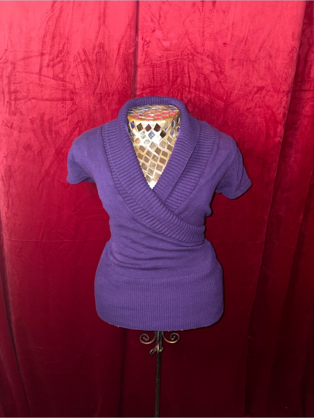 A. Byer Purple Short-Sleeve Wrap V-Neck Sweater